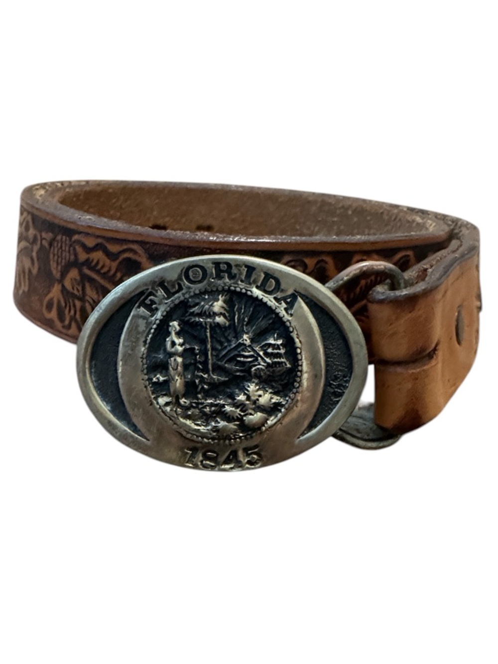 Vintage State of Florida 1845 Solid Bronze Belt Buckle with Leather Belt